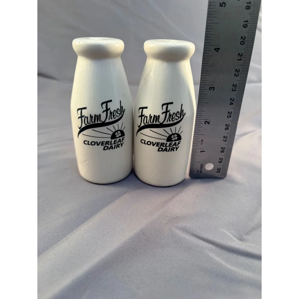 Farm Fresh Cloverleaf Dairy Milk Bottle Ceramic Salt and Pepper Shaker Set White